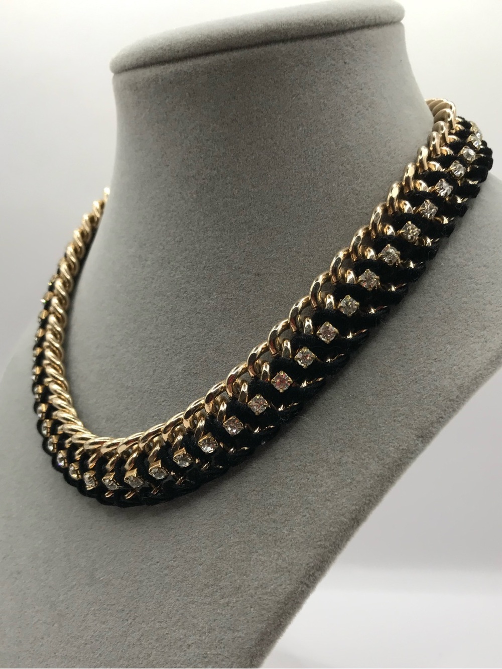 Gold-Tone, Black Suede & Rhinestone Collar Necklace - Picture 3 of 8